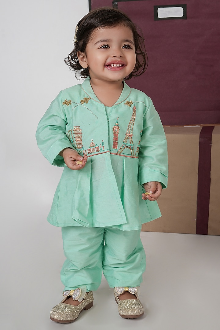 Mint Green Cotton Silk Cutdana Hand Embroidered Co-Ord Set For Girls by LITTLE BRATS at Pernia's Pop Up Shop