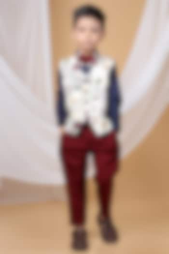 White Cotton Blend Stamp Printed Waistcoat Set For Boys by LITTLE BRATS at Pernia's Pop Up Shop