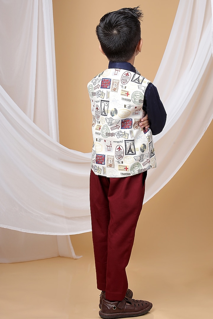 White Cotton Blend Stamp Printed Waistcoat Set For Boys by LITTLE BRATS at Pernia's Pop Up Shop