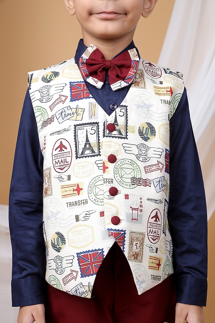 White Cotton Blend Stamp Printed Waistcoat Set For Boys by LITTLE BRATS at Pernia's Pop Up Shop