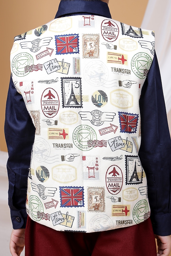White Cotton Blend Stamp Printed Waistcoat Set For Boys by LITTLE BRATS at Pernia's Pop Up Shop