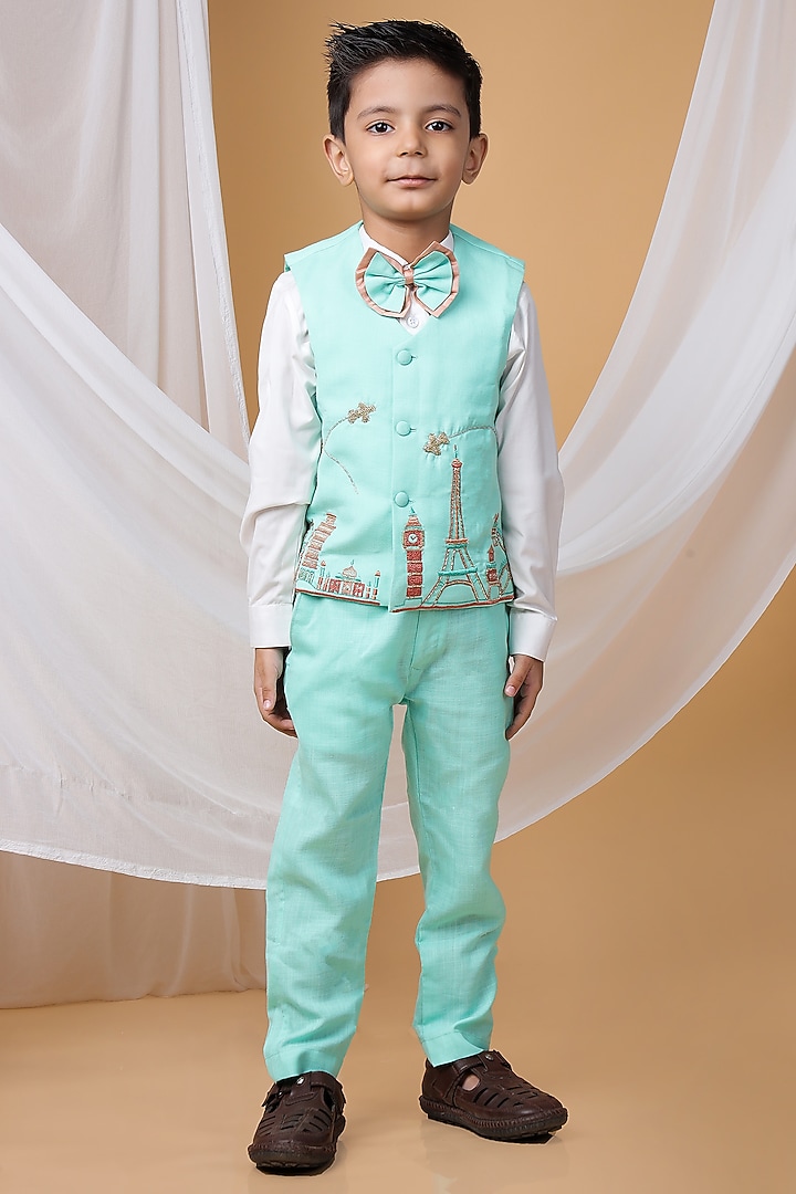 Mint Green Cotton Blend Cutdana Hand Embroidered Waistcoat Set For Boys by LITTLE BRATS at Pernia's Pop Up Shop