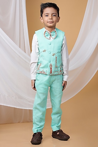 Mint Green Cotton Blend Cutdana Hand Embroidered Waistcoat Set For Boys by LITTLE BRATS