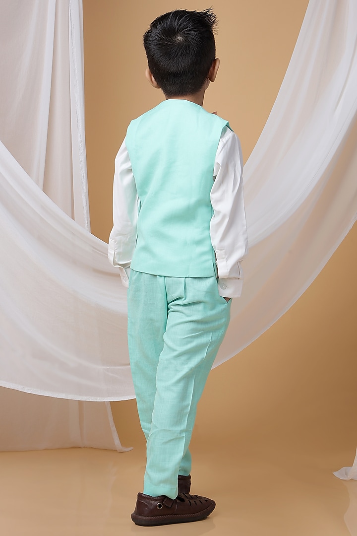 Mint Green Cotton Blend Cutdana Hand Embroidered Waistcoat Set For Boys by LITTLE BRATS at Pernia's Pop Up Shop