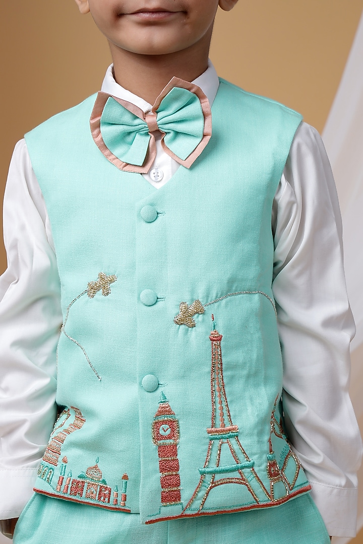 Mint Green Cotton Blend Cutdana Hand Embroidered Waistcoat Set For Boys by LITTLE BRATS at Pernia's Pop Up Shop