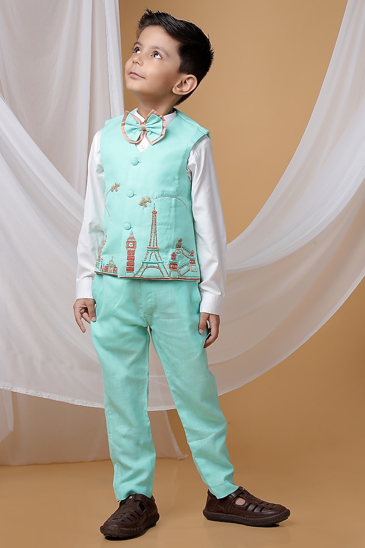 Mint Green Cotton Blend Cutdana Hand Embroidered Waistcoat Set For Boys by LITTLE BRATS at Pernia's Pop Up Shop