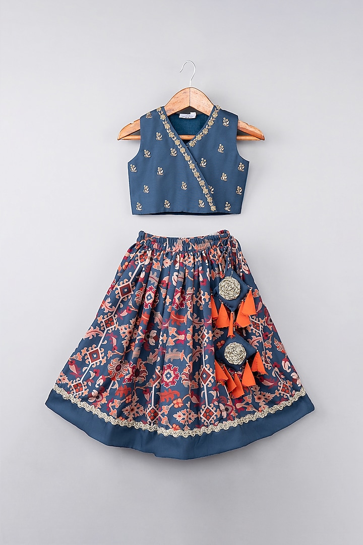 Sapphire Blue Maheshwari Silk Ikat Printed Lehenga Set For Girls by LITTLE BRATS at Pernia's Pop Up Shop