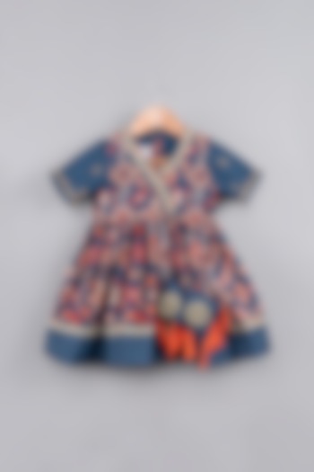 Sapphire Blue Maheshwari Silk Ikat Printed & Embroidered Gown For Girls by LITTLE BRATS at Pernia's Pop Up Shop