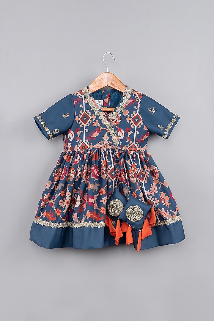 Sapphire Blue Maheshwari Silk Ikat Printed & Embroidered Gown For Girls by LITTLE BRATS at Pernia's Pop Up Shop