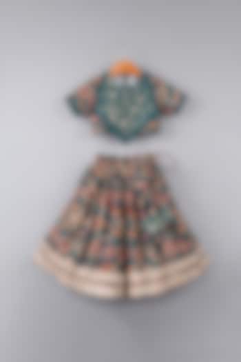 Bottle Green Maheshwari Silk Ikat Printed Lehenga Set For Girls by LITTLE BRATS