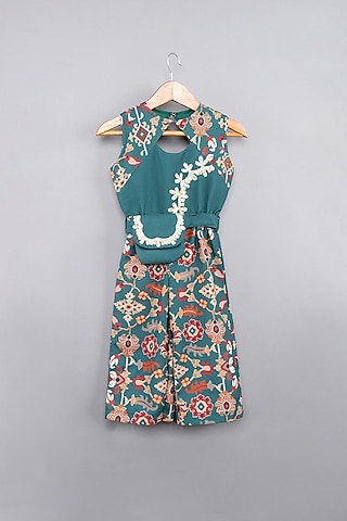Bottle Green Maheshwari Silk Ikat Printed Jumpsuit For Girls by LITTLE BRATS