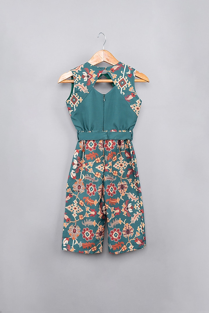 Bottle Green Maheshwari Silk Ikat Printed Jumpsuit For Girls by LITTLE BRATS at Pernia's Pop Up Shop