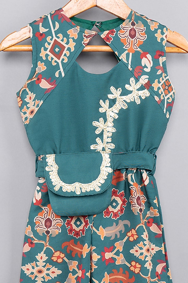 Bottle Green Maheshwari Silk Ikat Printed Jumpsuit For Girls by LITTLE BRATS at Pernia's Pop Up Shop
