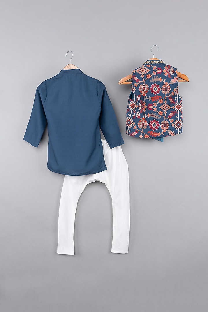 Sapphire Blue Maheshwari Silk Ikat Printed Nehru Jacket Set For Boys by LITTLE BRATS at Pernia's Pop Up Shop