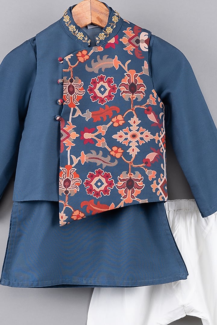 Sapphire Blue Maheshwari Silk Ikat Printed Nehru Jacket Set For Boys by LITTLE BRATS at Pernia's Pop Up Shop
