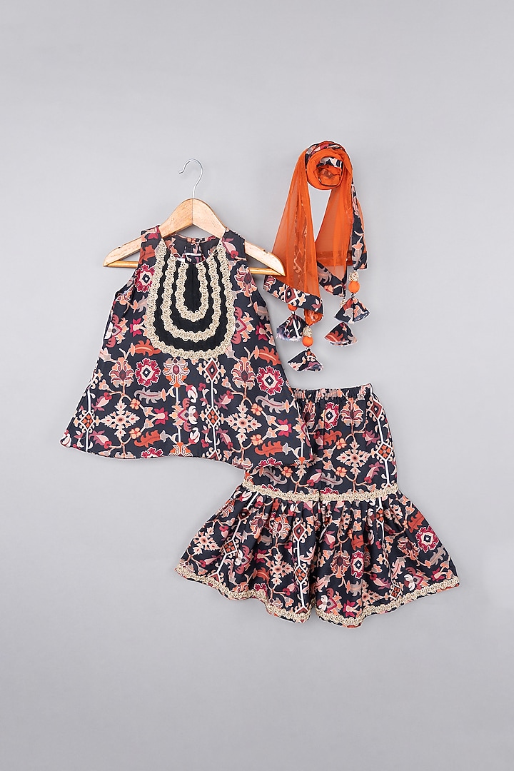 Black Maheshwari Silk Ikat Printed Sharara Set For Girls by LITTLE BRATS at Pernia's Pop Up Shop