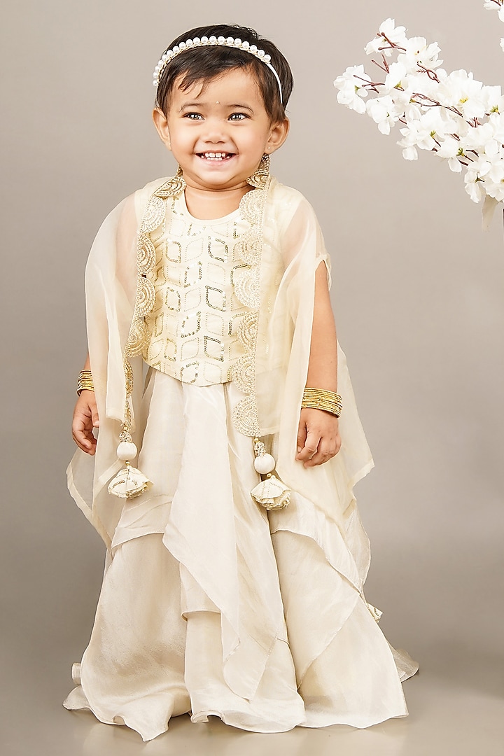 Fawn Cotton Silk & Organza Embroidered Cape Set For Girls by LITTLE BRATS at Pernia's Pop Up Shop