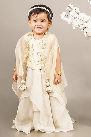 Fawn Cotton Silk & Organza Embroidered Cape Set For Girls by LITTLE BRATS