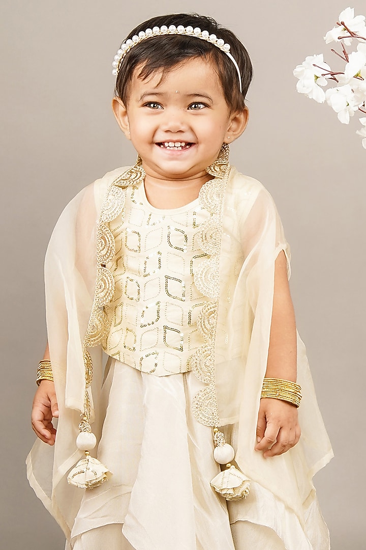 Fawn Cotton Silk & Organza Embroidered Cape Set For Girls by LITTLE BRATS at Pernia's Pop Up Shop
