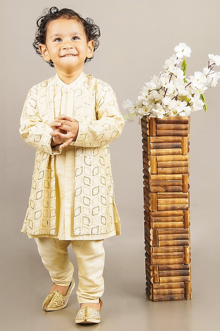 Fawn Cotton Silk Embroidered Kurta Set For Boys by LITTLE BRATS at Pernia's Pop Up Shop