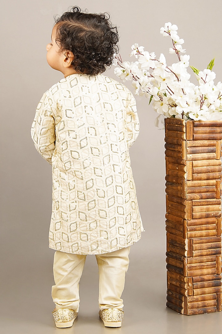 Fawn Cotton Silk Embroidered Kurta Set For Boys by LITTLE BRATS at Pernia's Pop Up Shop