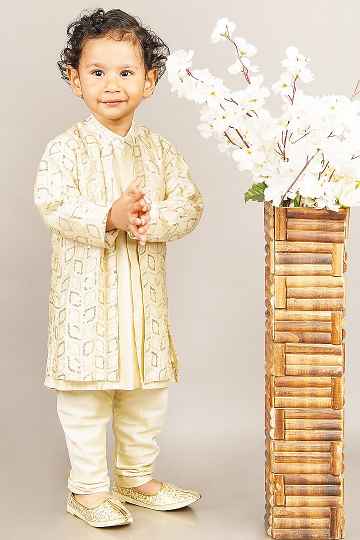 Fawn Cotton Silk Embroidered Kurta Set For Boys by LITTLE BRATS at Pernia's Pop Up Shop
