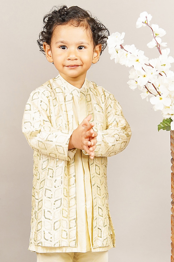 Fawn Cotton Silk Embroidered Kurta Set For Boys by LITTLE BRATS at Pernia's Pop Up Shop