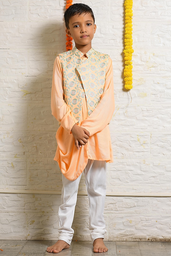 Peach Embroidered Jacket Set For Boys by LITTLE BRATS