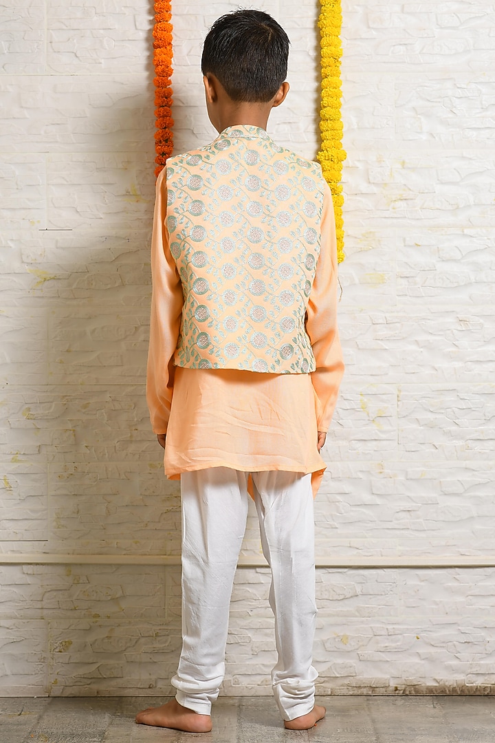 Peach Embroidered Jacket Set For Boys by LITTLE BRATS at Pernia's Pop Up Shop