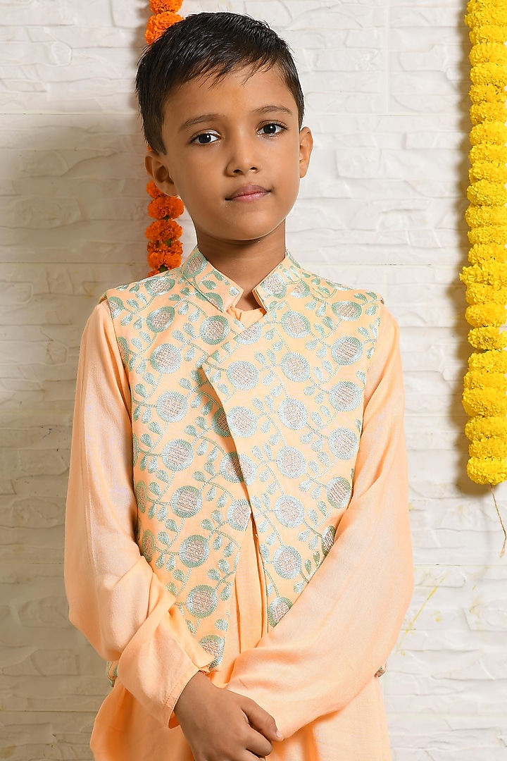 Peach Embroidered Jacket Set For Boys by LITTLE BRATS at Pernia's Pop Up Shop