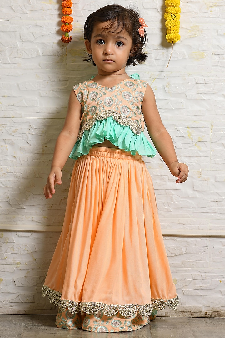 Peach Embroidered Lehenga Set For Girls by LITTLE BRATS