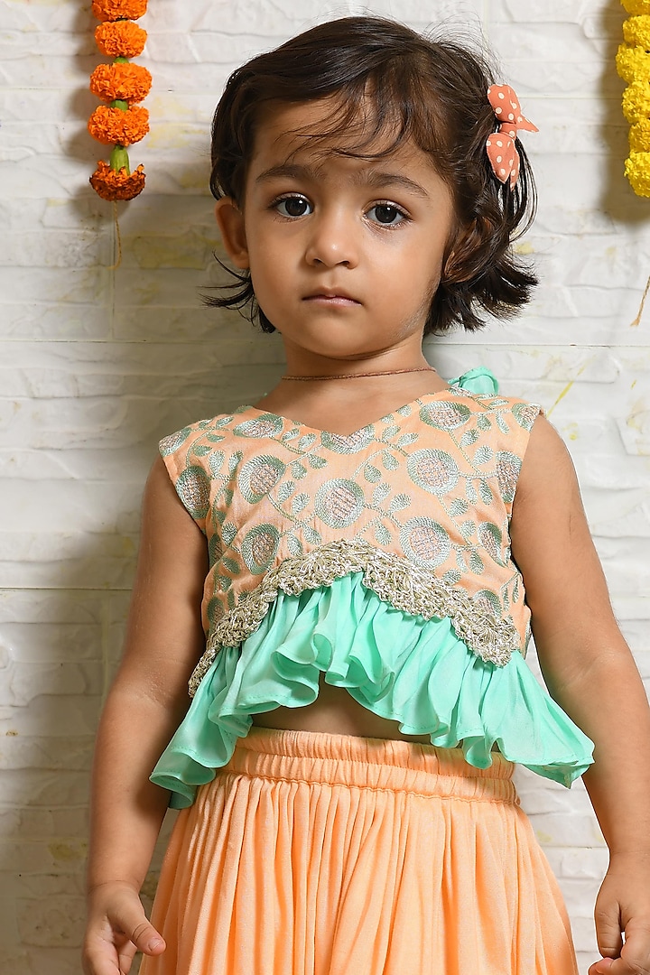 Peach Embroidered Lehenga Set For Girls by LITTLE BRATS at Pernia's Pop Up Shop