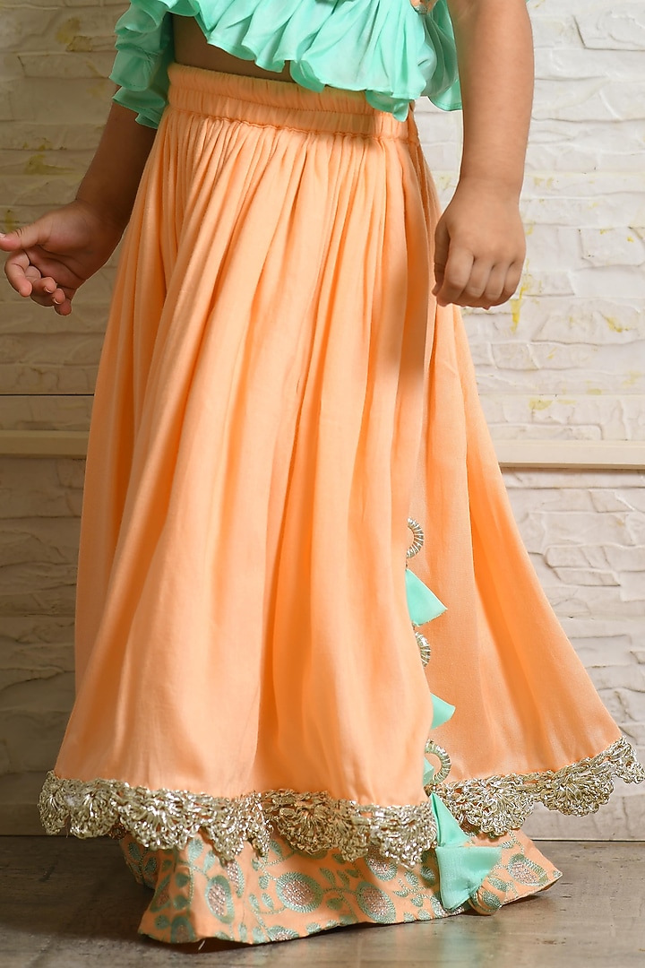 Peach Embroidered Lehenga Set For Girls by LITTLE BRATS at Pernia's Pop Up Shop