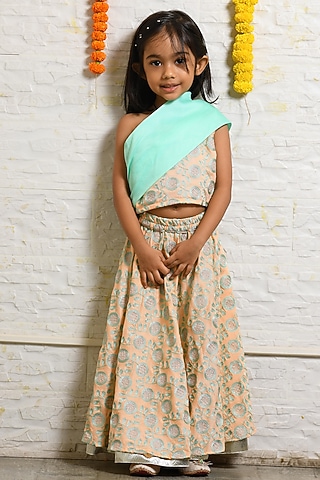 Peach Cotton Blend Lehenga Set For Girls by LITTLE BRATS