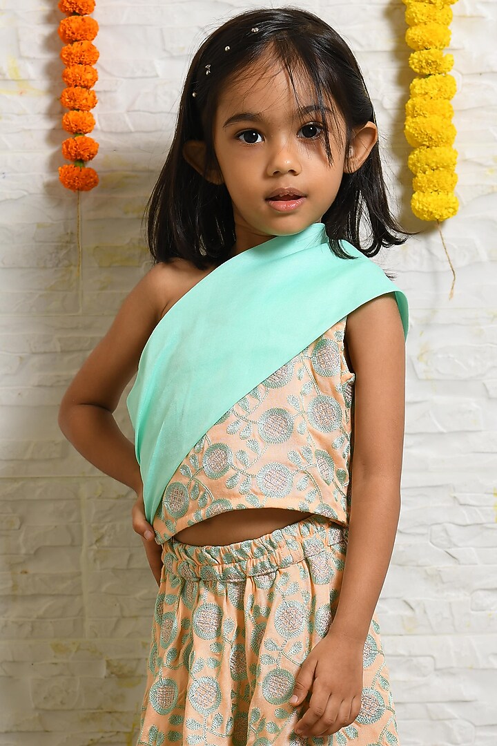 Peach Cotton Blend Lehenga Set For Girls by LITTLE BRATS at Pernia's Pop Up Shop