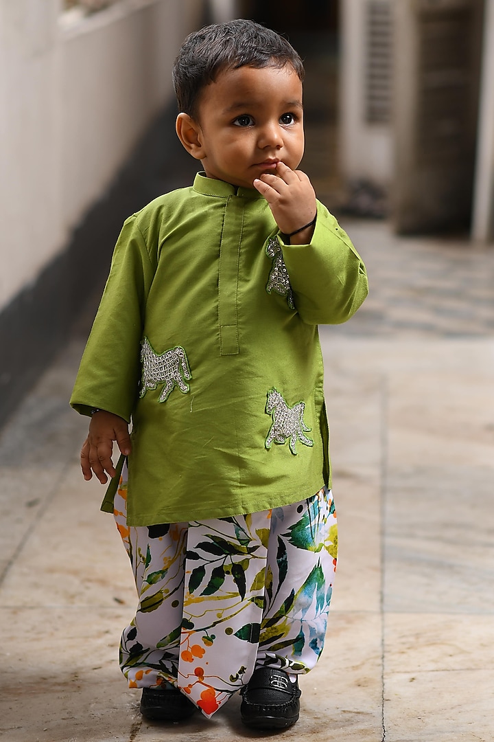 Pista Green Hand Embroidered Kurta Set For Boys by LITTLE BRATS