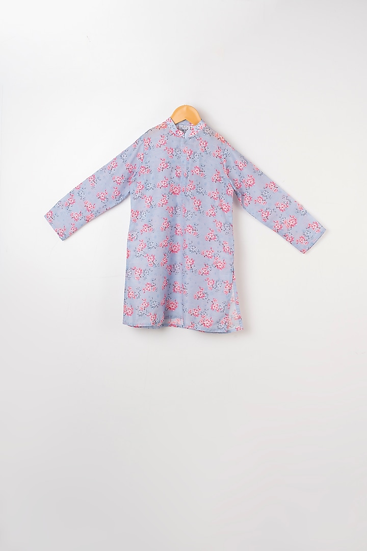 Light Cobalt Blue Kurta Set With Pink Nehru Jacket For Boys by LITTLE BRATS at Pernia's Pop Up Shop