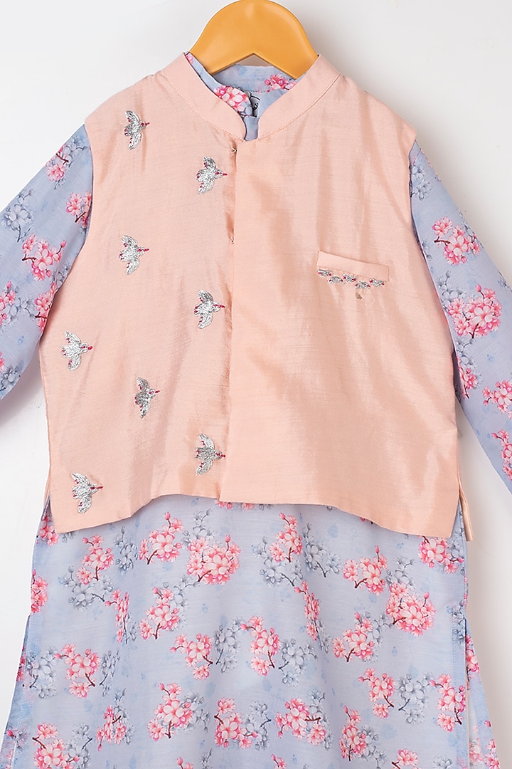 Light Cobalt Blue Kurta Set With Pink Nehru Jacket For Boys by LITTLE BRATS at Pernia's Pop Up Shop