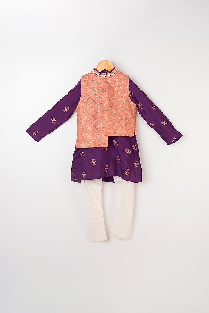Purple Printed Kurta Set With Pink Nehru Jacket For Boys by LITTLE BRATS at Pernia's Pop Up Shop