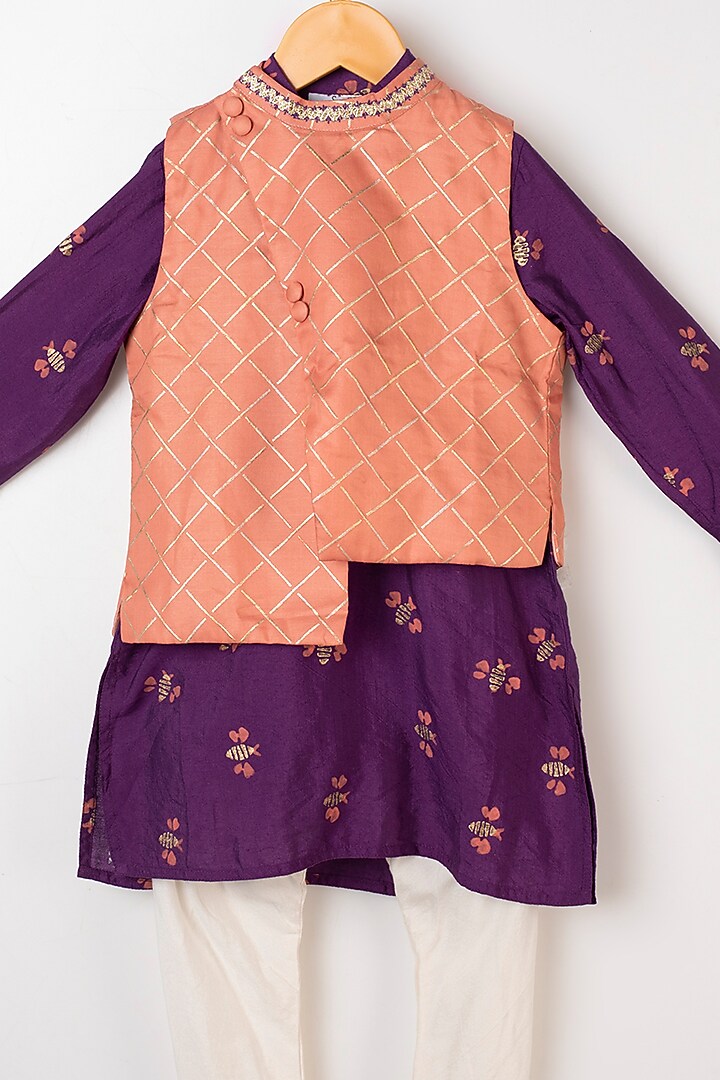 Purple Printed Kurta Set With Pink Nehru Jacket For Boys by LITTLE BRATS at Pernia's Pop Up Shop
