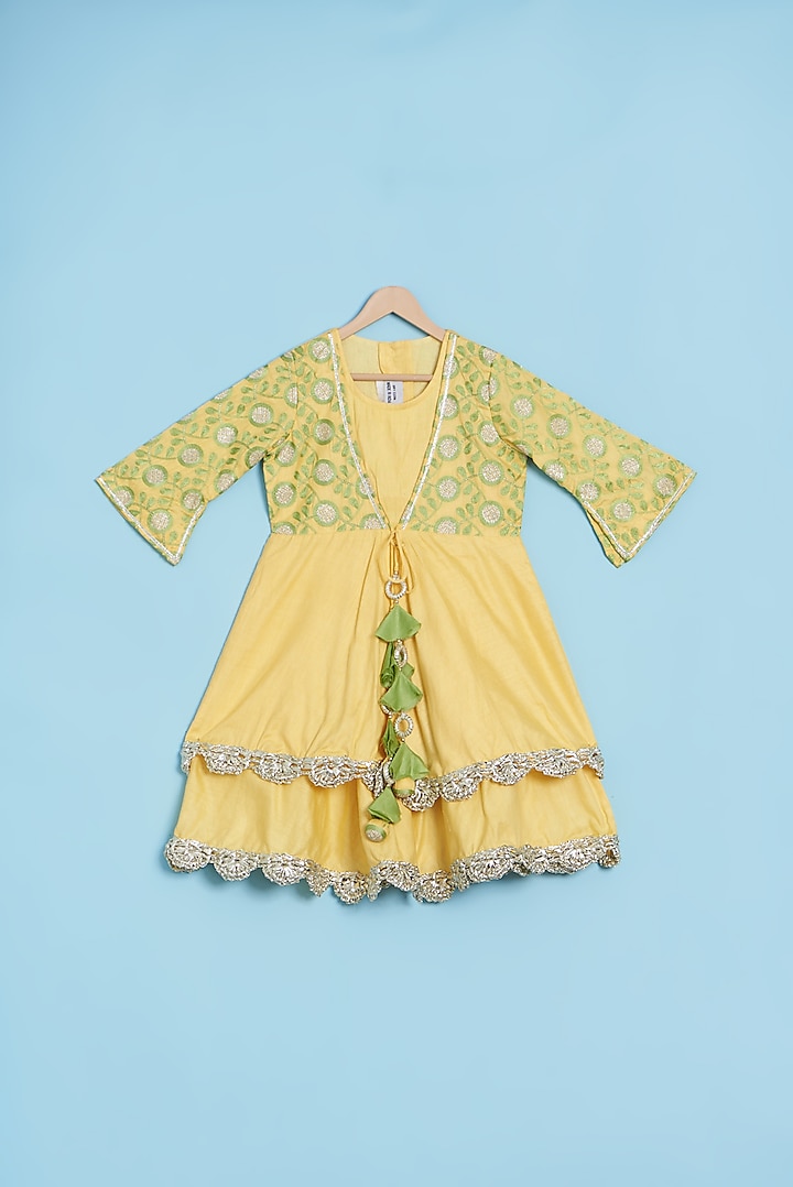 Yellow & Green Embroidered Dress For Girls by LITTLE BRATS