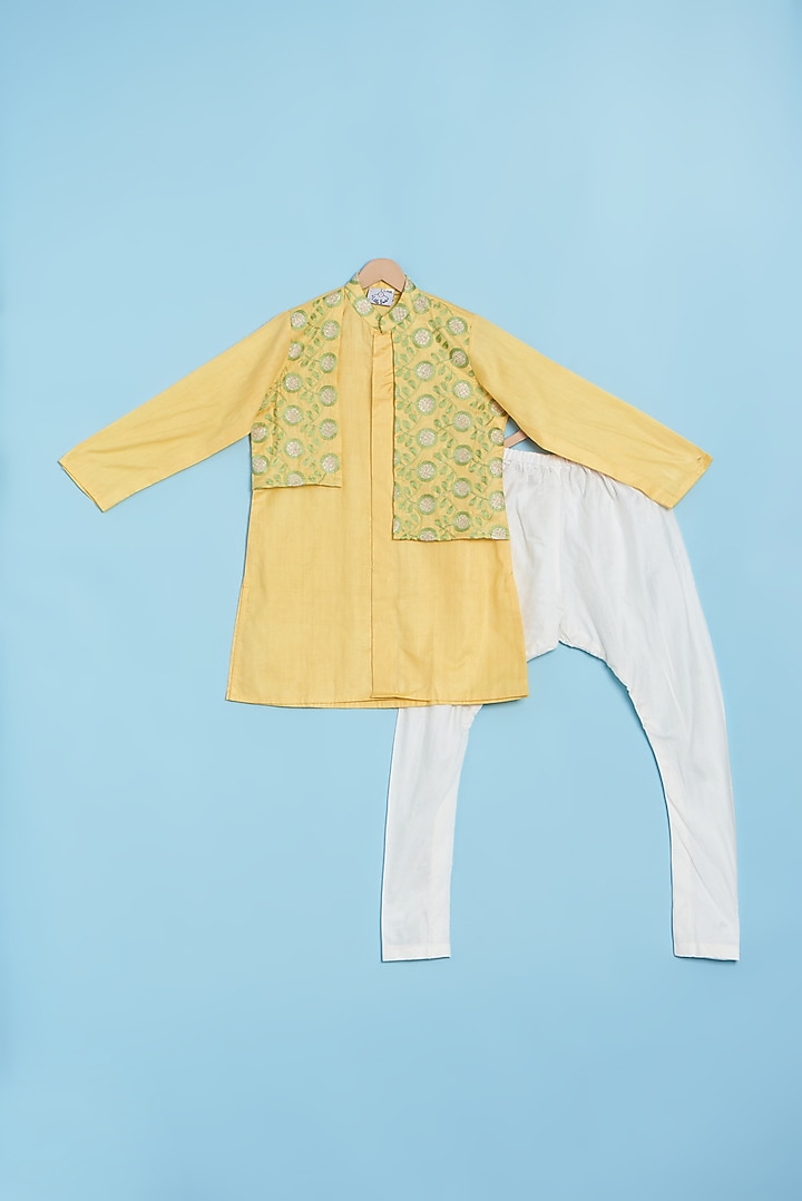 Yellow & Green Kurta Set With Embroidered Jacket For Boys by LITTLE BRATS