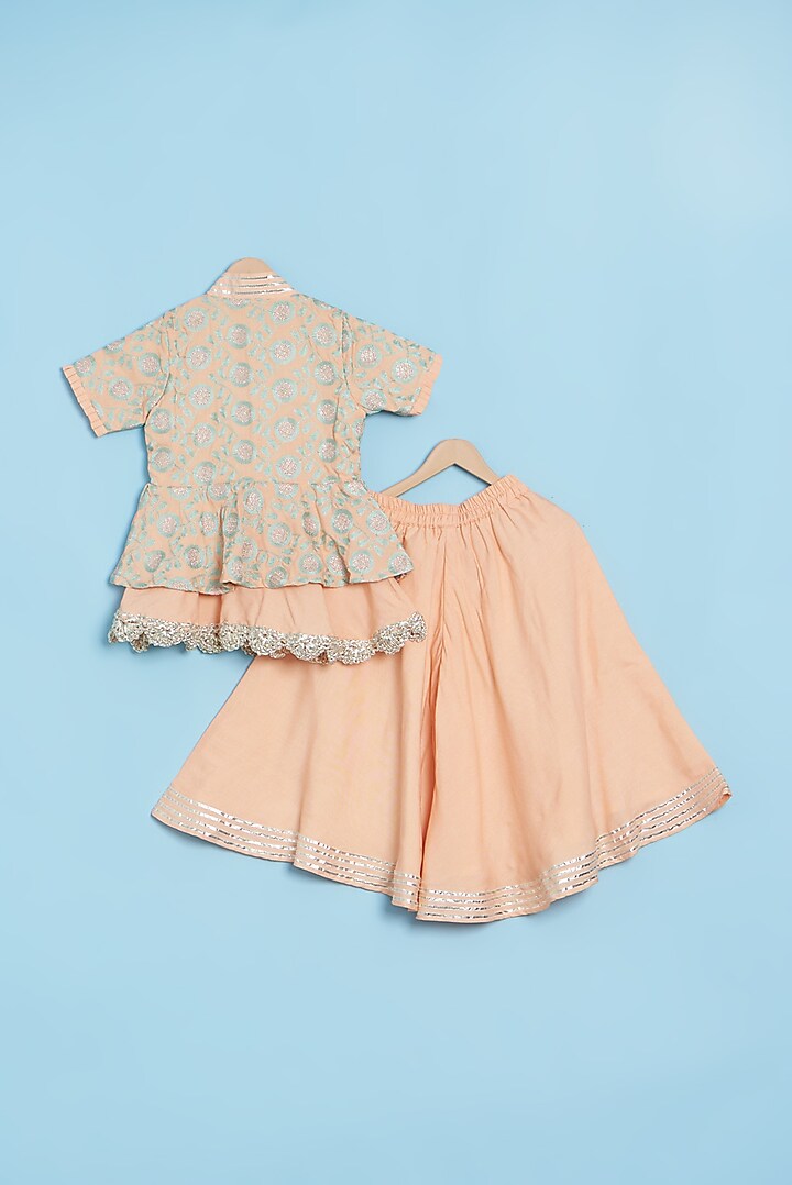 Aqua Green & Peach Embroidered Sharara Set For Girls by LITTLE BRATS at Pernia's Pop Up Shop