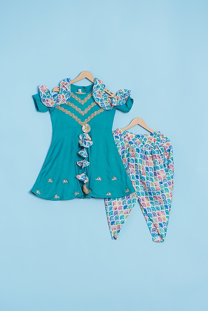 Peacock Green Printed Dhoti Set For Girls by LITTLE BRATS