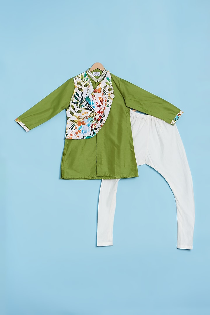 Green Printed & Embroidered Kurta Set For Boys by LITTLE BRATS