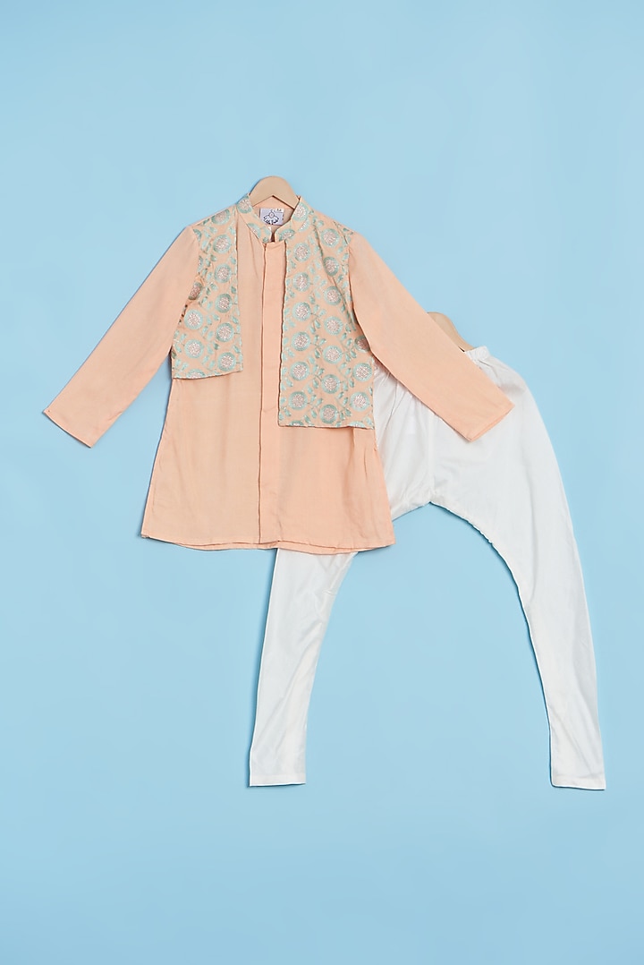 Peach Embroidered Kurta Set WIth Embroidered Jacket For Boys by LITTLE BRATS