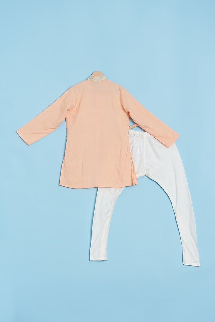 Peach Embroidered Kurta Set WIth Embroidered Jacket For Boys by LITTLE BRATS at Pernia's Pop Up Shop