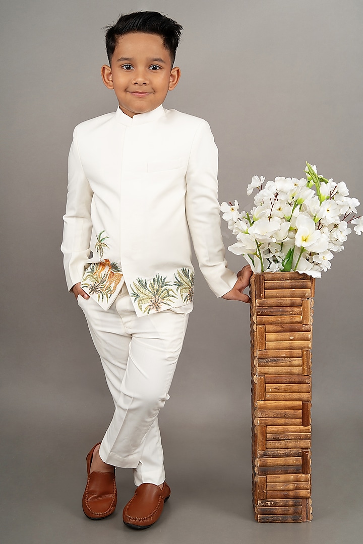 Ivory Viscose Blend Hand Embroidered Bandhgala Set For Boys by LITTLE BRATS at Pernia's Pop Up Shop