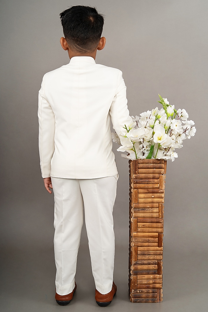 Ivory Viscose Blend Hand Embroidered Bandhgala Set For Boys by LITTLE BRATS at Pernia's Pop Up Shop