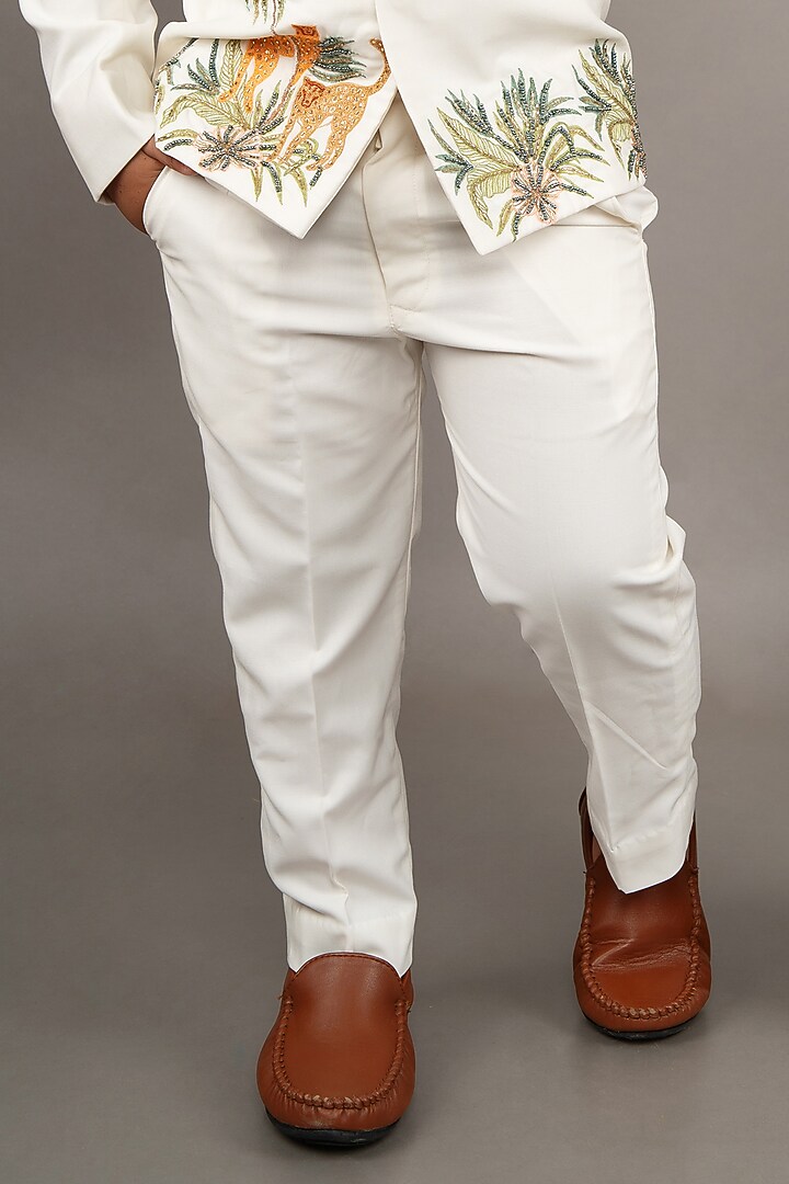 Ivory Viscose Blend Hand Embroidered Bandhgala Set For Boys by LITTLE BRATS at Pernia's Pop Up Shop